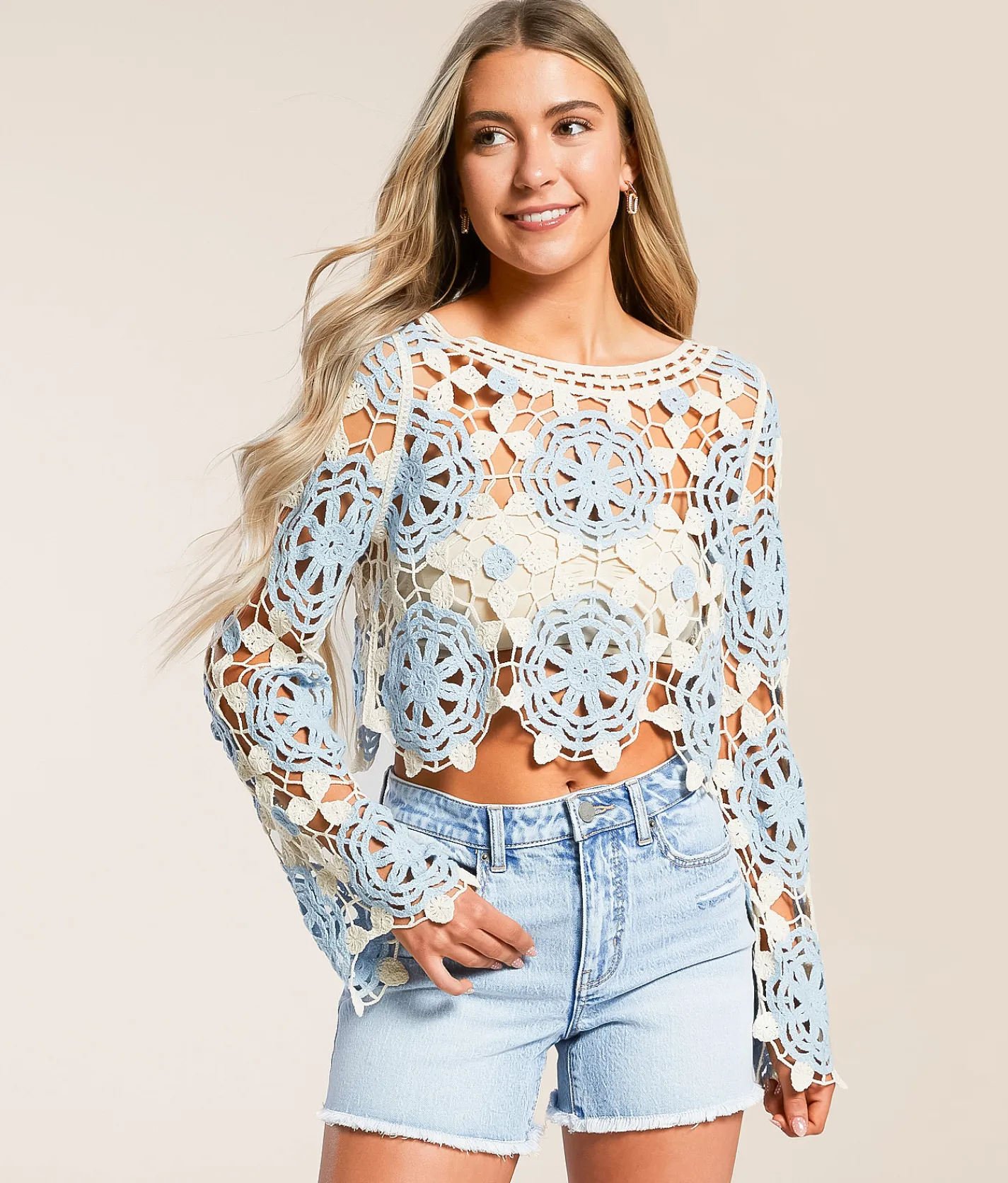 Tops | Willow & Root Floral Crochet Sweater Light Blue