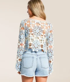 Tops | Willow & Root Floral Crochet Sweater Light Blue