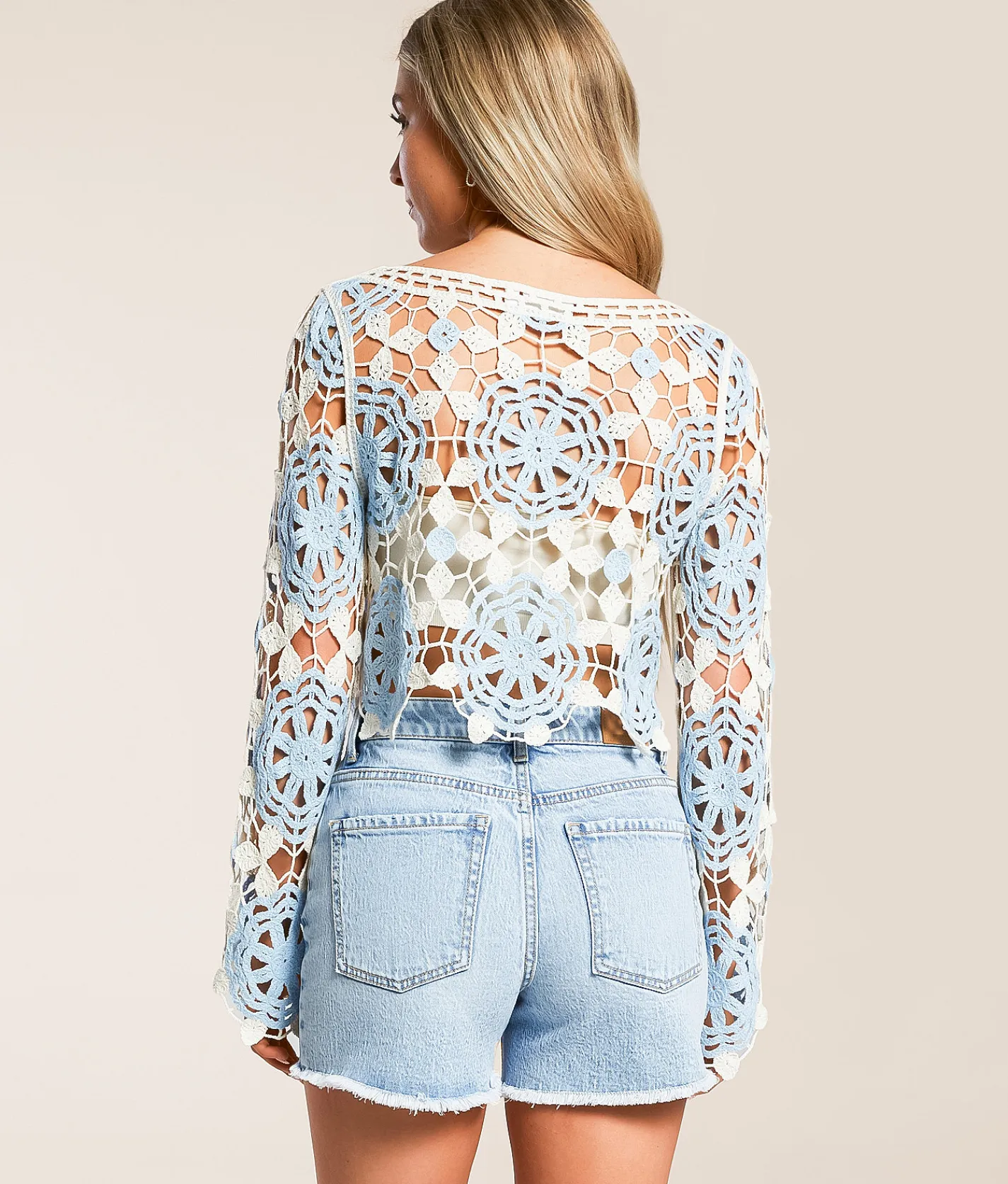 Tops | Willow & Root Floral Crochet Sweater Light Blue