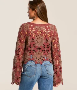 Willow & Root Floral Crochet Sweater Rose Brown Online