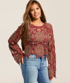 Willow & Root Floral Crochet Sweater Rose Brown Online