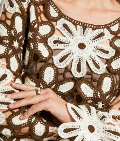POL Floral Crochet Sweater - One Size Brown Beige Discount