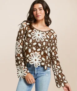 POL Floral Crochet Sweater - One Size Brown Beige Discount