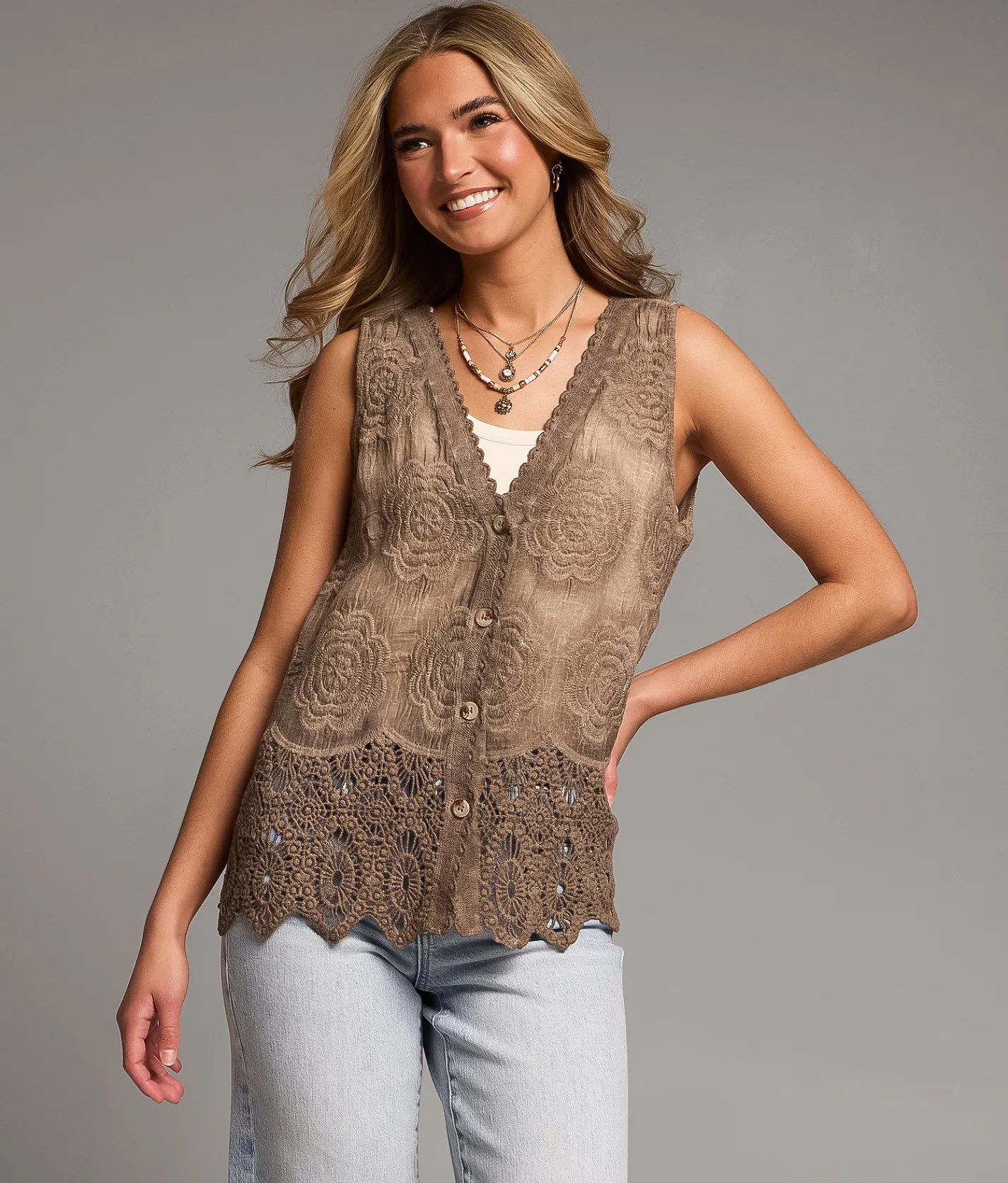 BKE Floral Crochet Tank Top Washed Brown Outlet