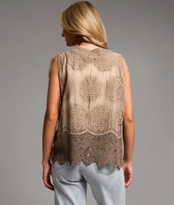 BKE Floral Crochet Tank Top Washed Brown Outlet