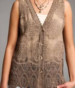 BKE Floral Crochet Tank Top Washed Brown Outlet