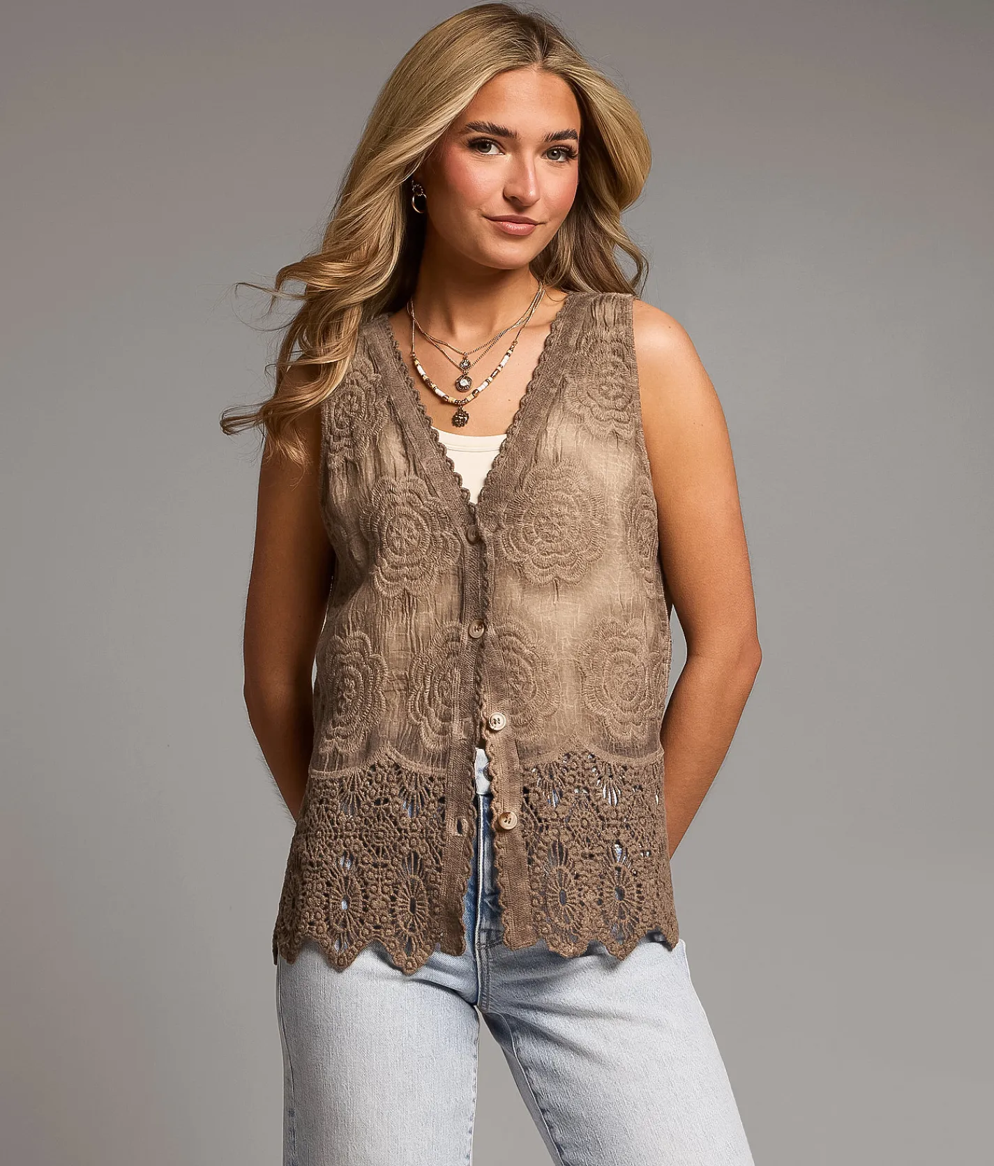 BKE Floral Crochet Tank Top Washed Brown Outlet