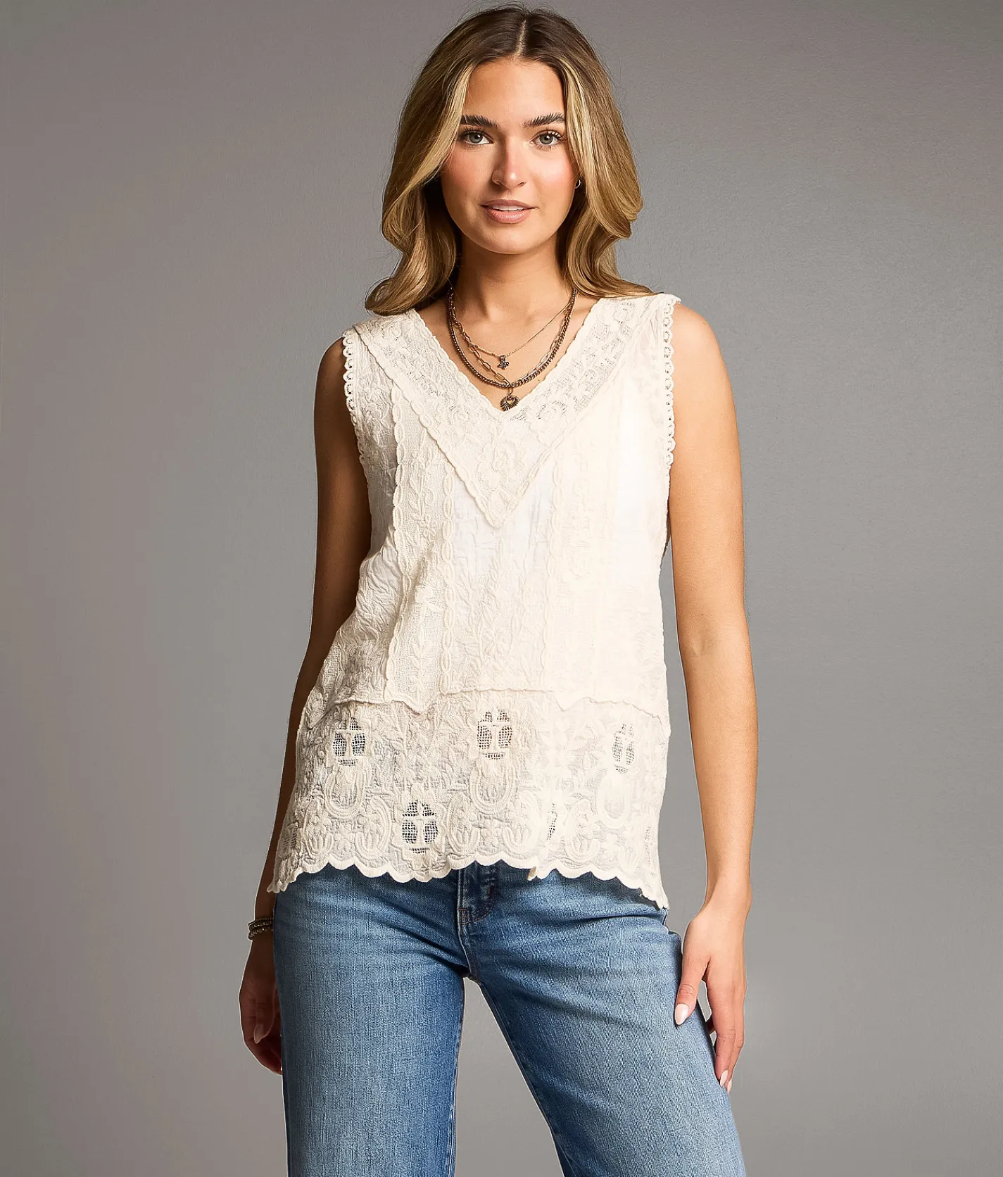 BKE Floral Crochet Tank Top Cream New