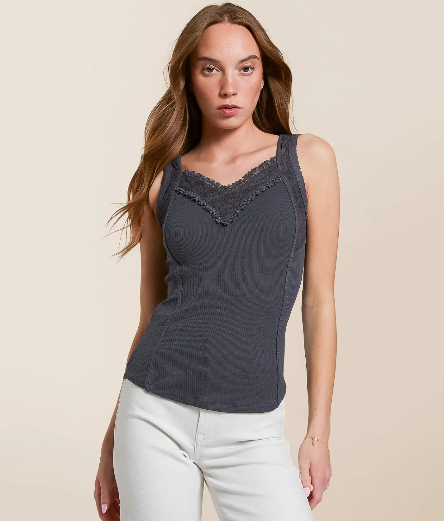 Tops | Miss Me Floral Crochet Tank Top Dark Grey