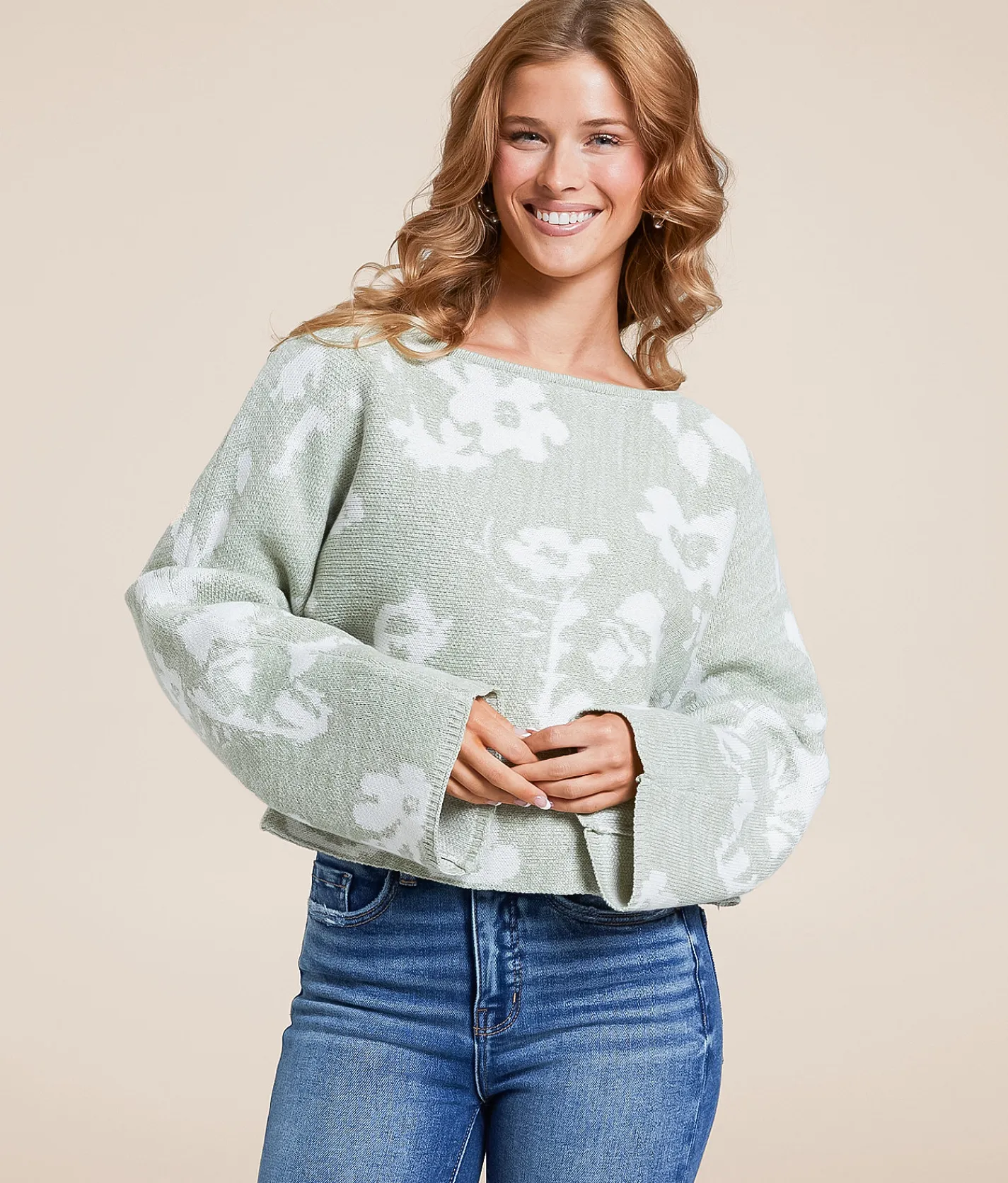 Willow & Root Floral Cropped Sweater Sage New