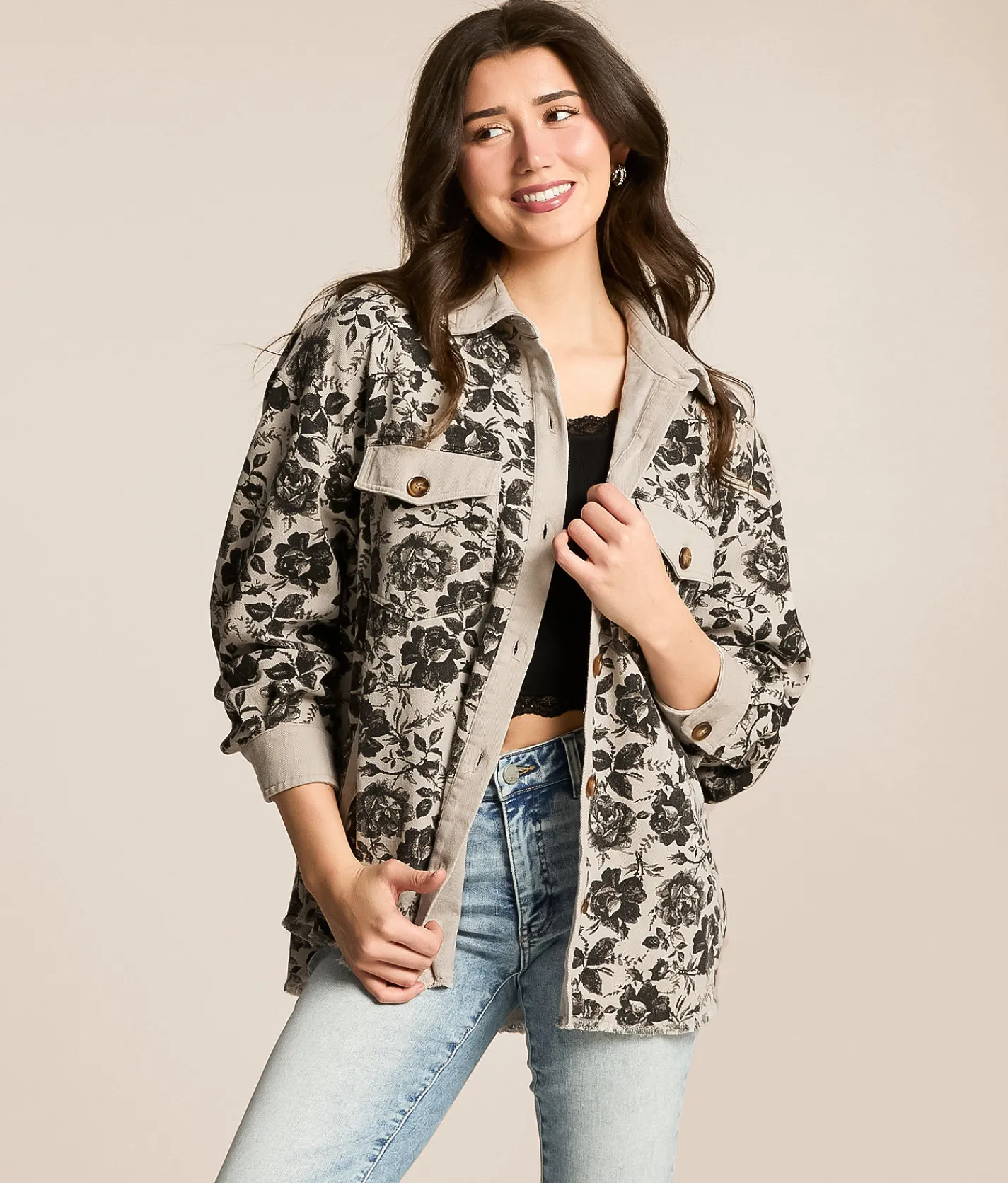 Tops|Coats & Jackets | BiBi Floral Denim Boyfriend Shacket Black Cream