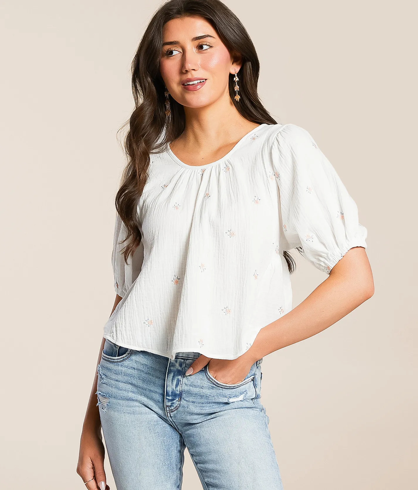 Hyfve Floral Embroidered Gauze Top Off White