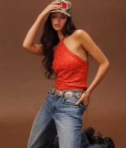 Sterling & Stitch Floral Embroide Halter Tank Top Red New