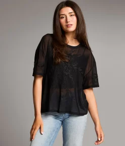 BKE Floral Embroidered Mesh Top Black New
