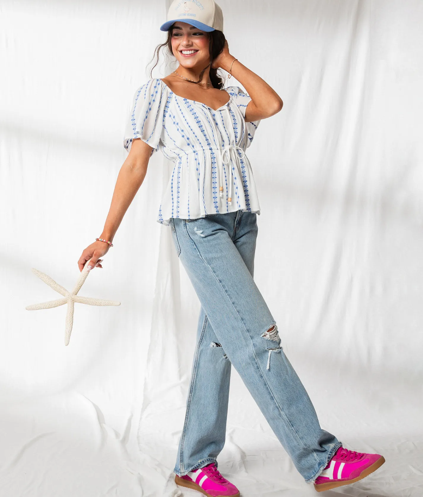 Tops | 33 Coastal Floral Embroidered Peplum Top Pale Banana