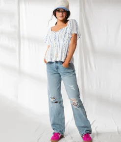 Tops | 33 Coastal Floral Embroidered Peplum Top Pale Banana