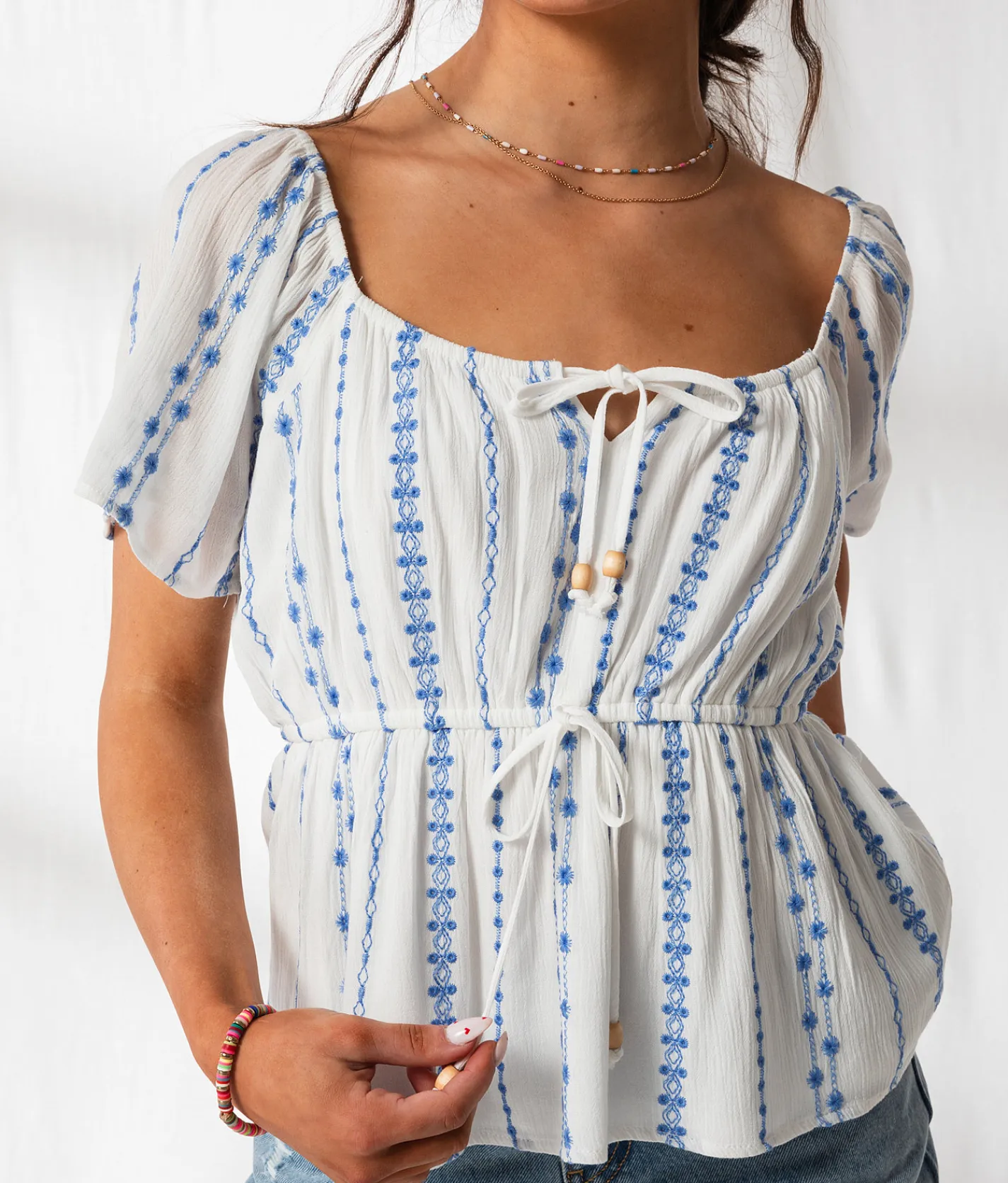 Tops | 33 Coastal Floral Embroidered Peplum Top Pale Banana