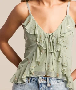 Tops | Willow & Root Floral Embroidered Ruffle Cropped Tank Top Sage Pink