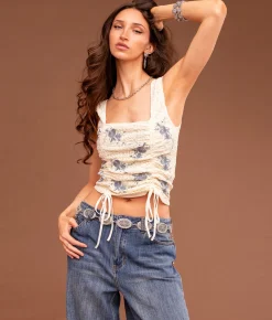 Tops | Sterling & Stitch Floral Embroidered Tank Top Cream Blue