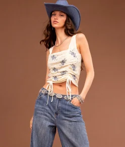 Tops | Sterling & Stitch Floral Embroidered Tank Top Cream Blue