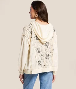 Tops | POL Floral Embroidered Thermal Hoodie Natural