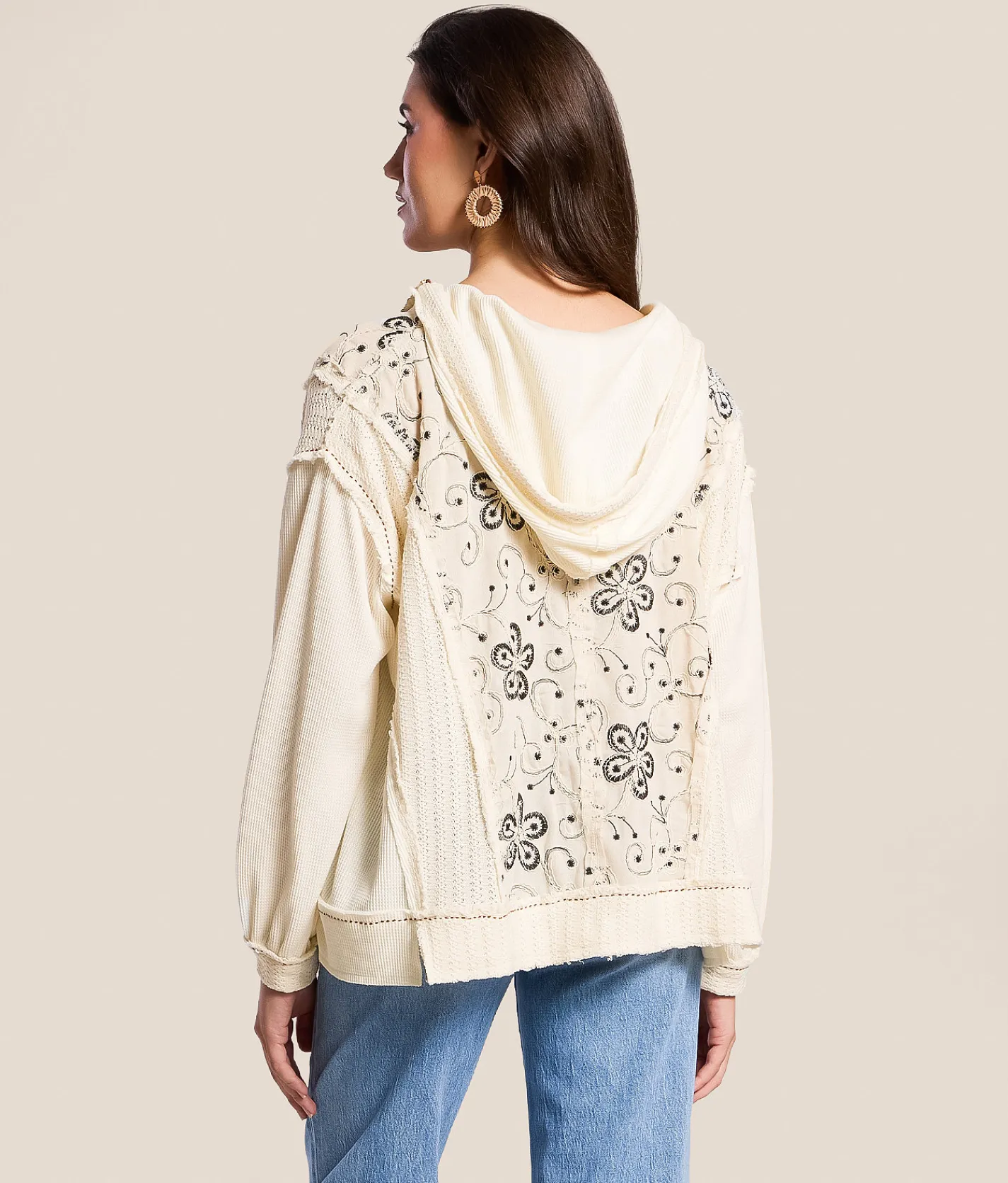 Tops | POL Floral Embroidered Thermal Hoodie Natural