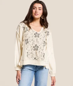Tops | POL Floral Embroidered Thermal Hoodie Natural