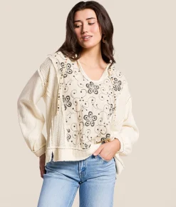 Tops | POL Floral Embroidered Thermal Hoodie Natural