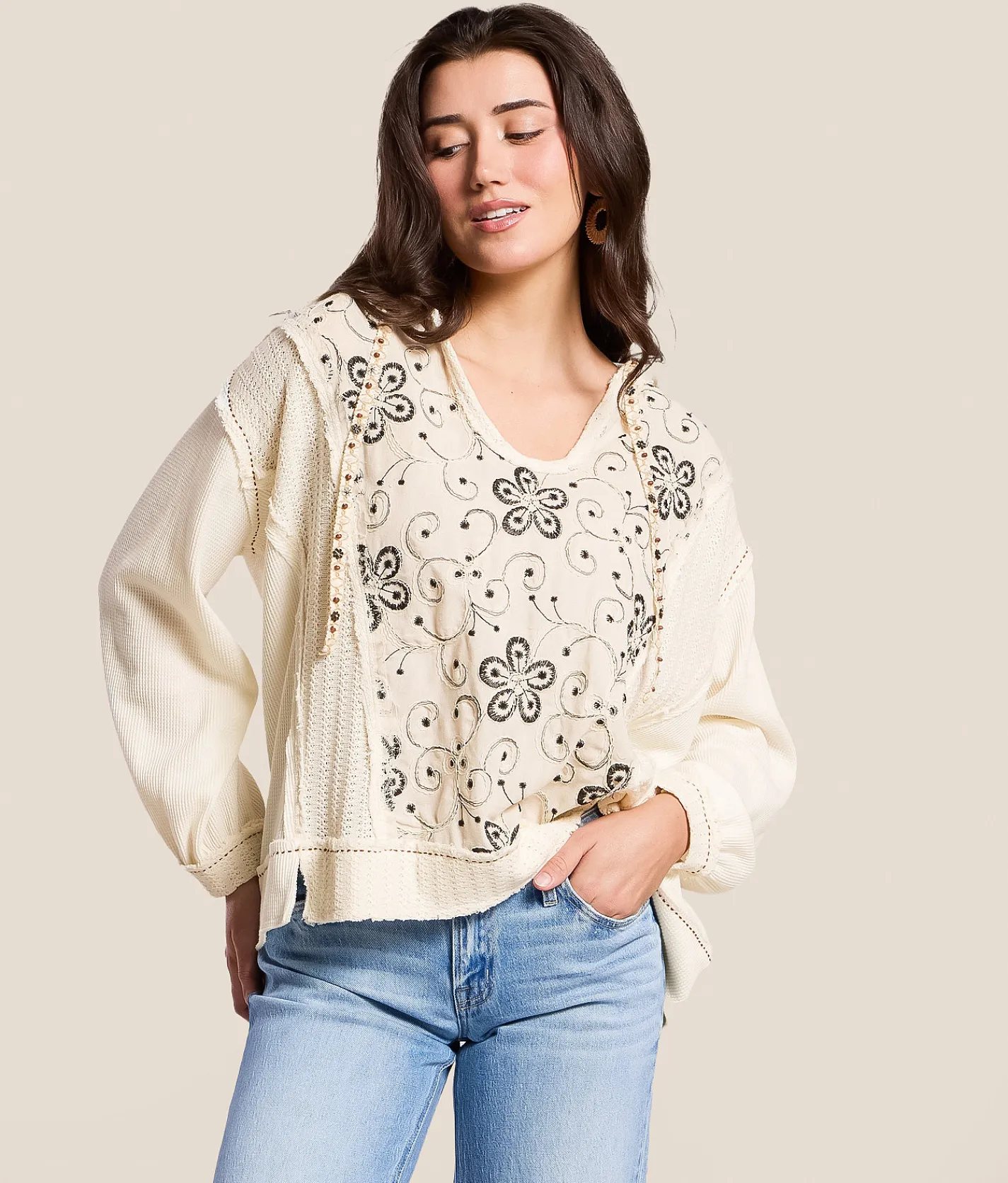 Tops | POL Floral Embroidered Thermal Hoodie Natural