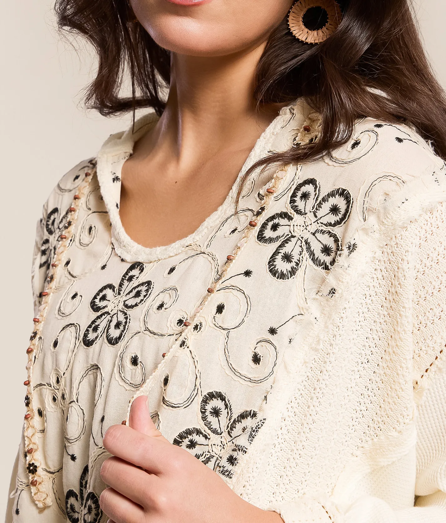 Tops | POL Floral Embroidered Thermal Hoodie Natural