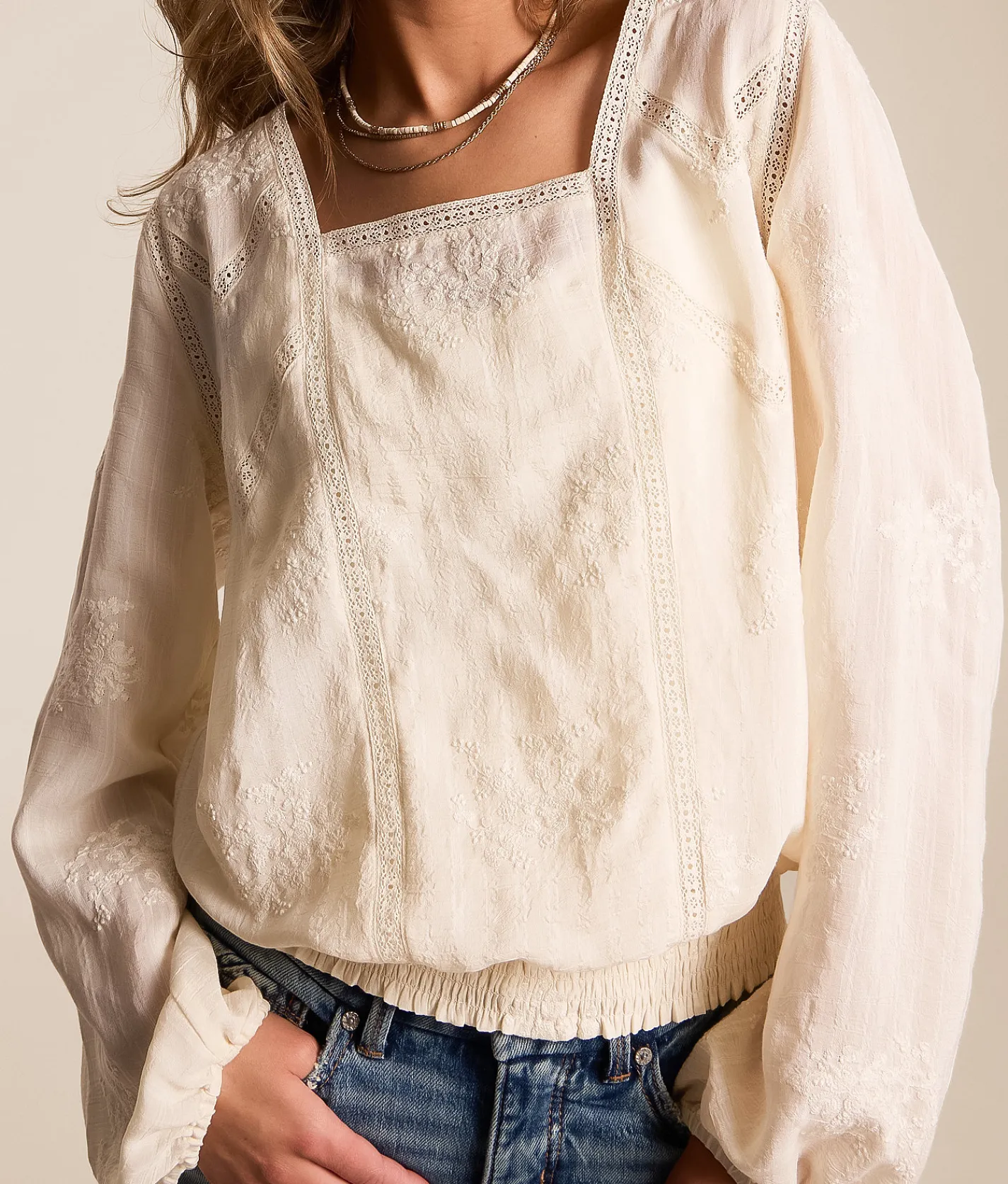 Daytrip Floral Embroidered Top Cream Discount