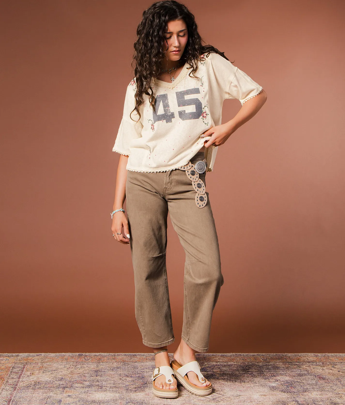 Gimmicks Floral Embroidered 45 T-Shirt Cream Multi Clearance