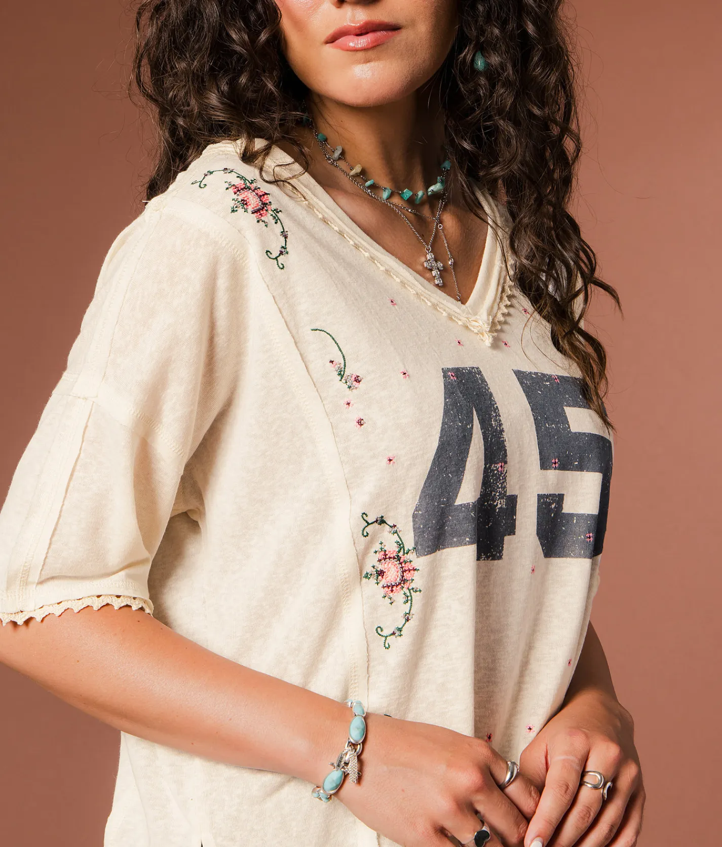 Gimmicks Floral Embroidered 45 T-Shirt Cream Multi Clearance