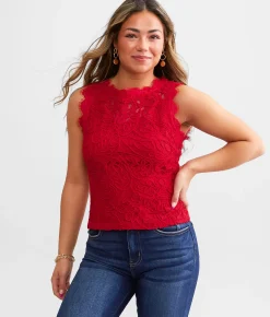 Irini Floral Eyelash Lace Tank Top Red Sale