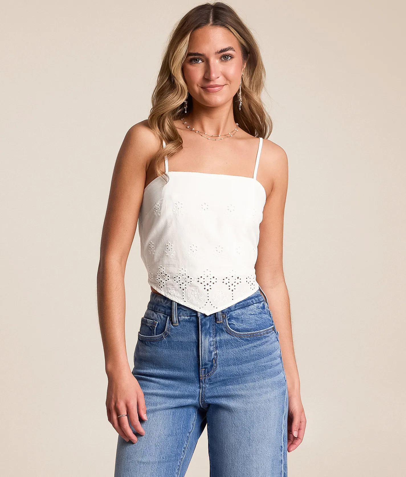 Tops | Willow & Root Floral Eyelet Hanky Tank Top White