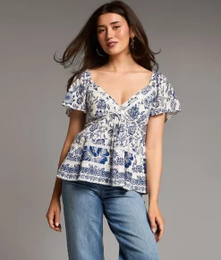 BKE Floral Eyelet Top Ivory Blue Hot