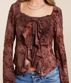 Willow & Root Floral Flocked Ruffle Top Brown Sale