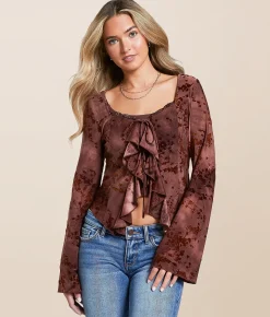 Willow & Root Floral Flocked Ruffle Top Brown Sale