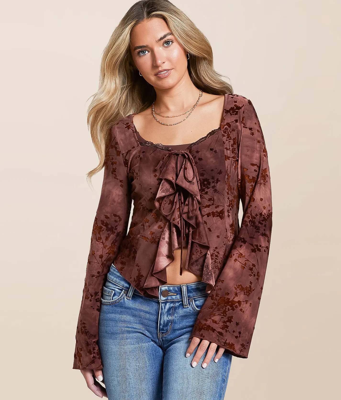 Willow & Root Floral Flocked Ruffle Top Brown Sale