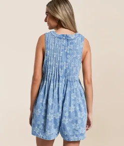 Veveret Floral Front Tie Denim Romper Embossed Floral Outlet
