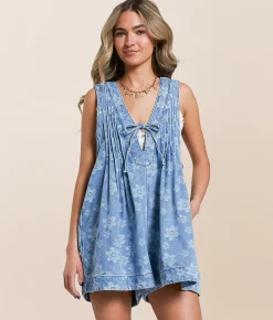 Veveret Floral Front Tie Denim Romper Embossed Floral Outlet