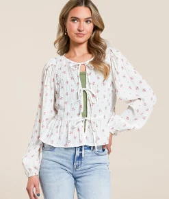 Willow & Root Floral Front Tie Peplum Top Cream Floral New