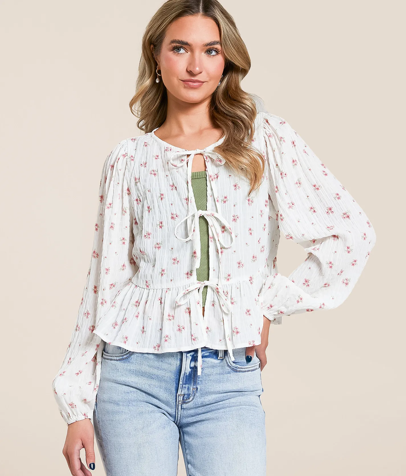 Willow & Root Floral Front Tie Peplum Top Cream Floral New