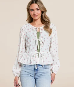 Willow & Root Floral Front Tie Peplum Top Cream Floral New