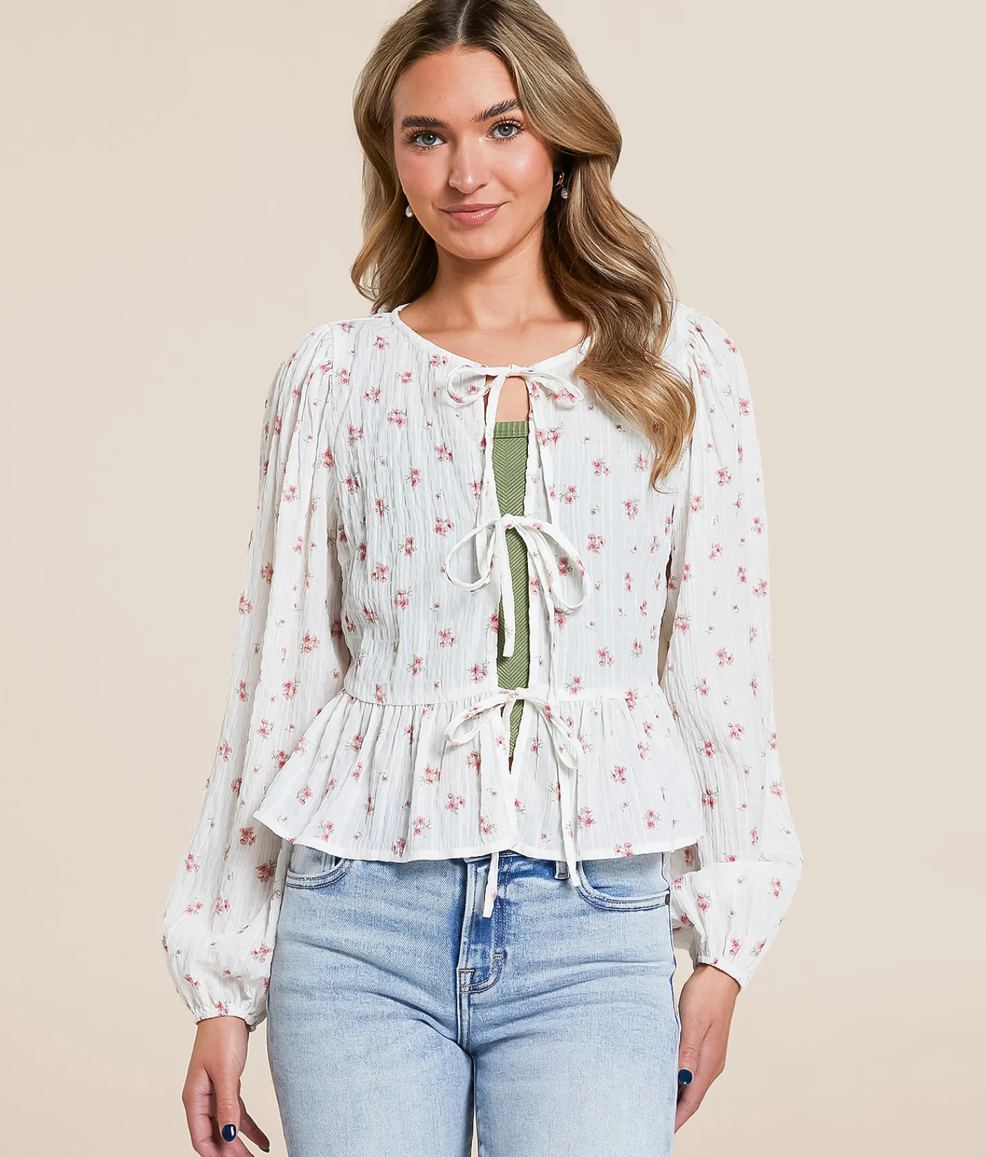 Willow & Root Floral Front Tie Peplum Top Cream Floral New