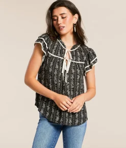 Tops | Blu Pepper Floral Front Tie Top Black Natural