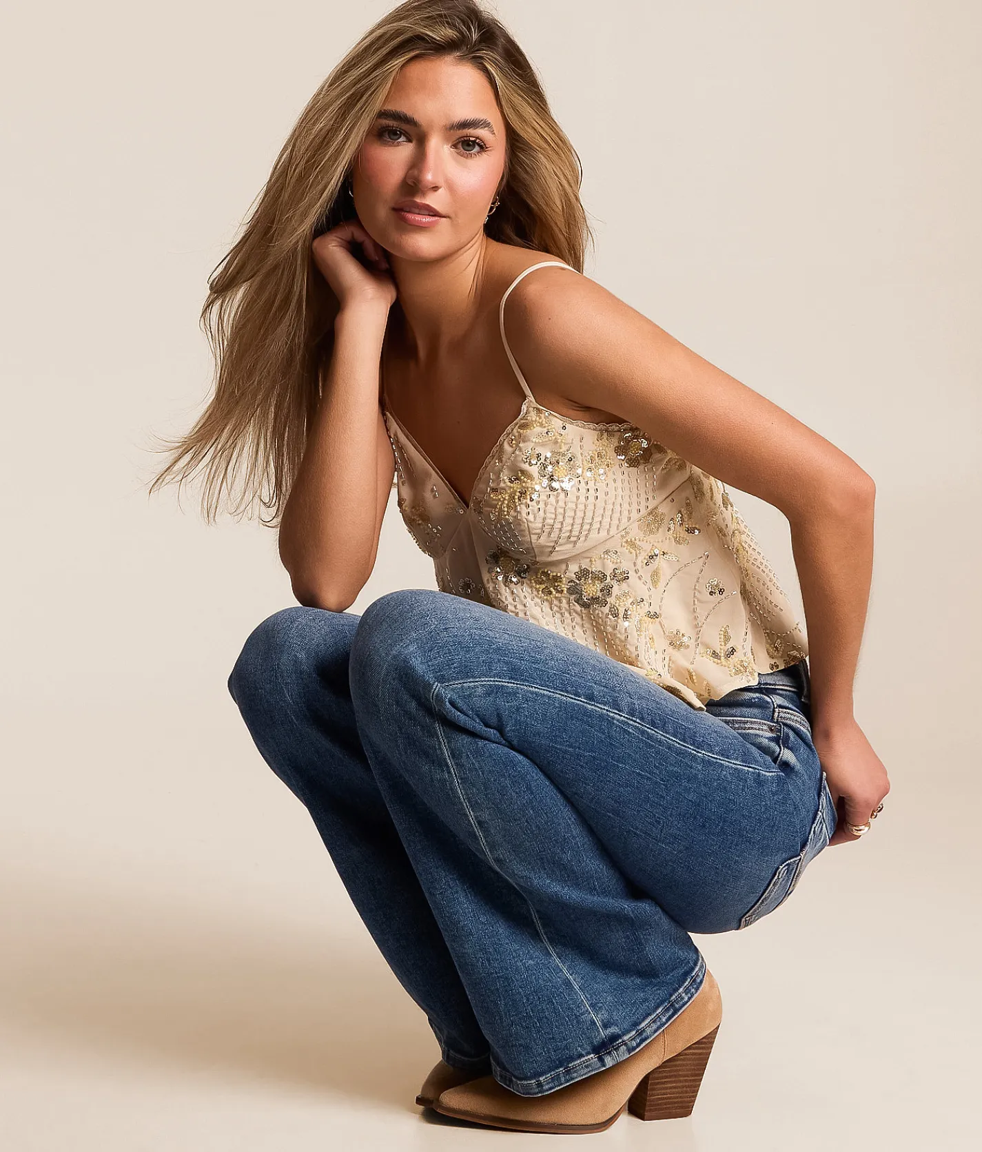 Tops | Willow & Root Floral Glitz Tank Top Cream