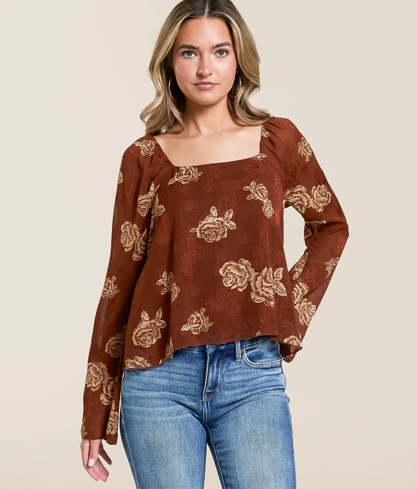 Tops | Willow & Root Floral Jacquard Chiffon Top Brown