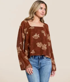 Tops | Willow & Root Floral Jacquard Chiffon Top Brown