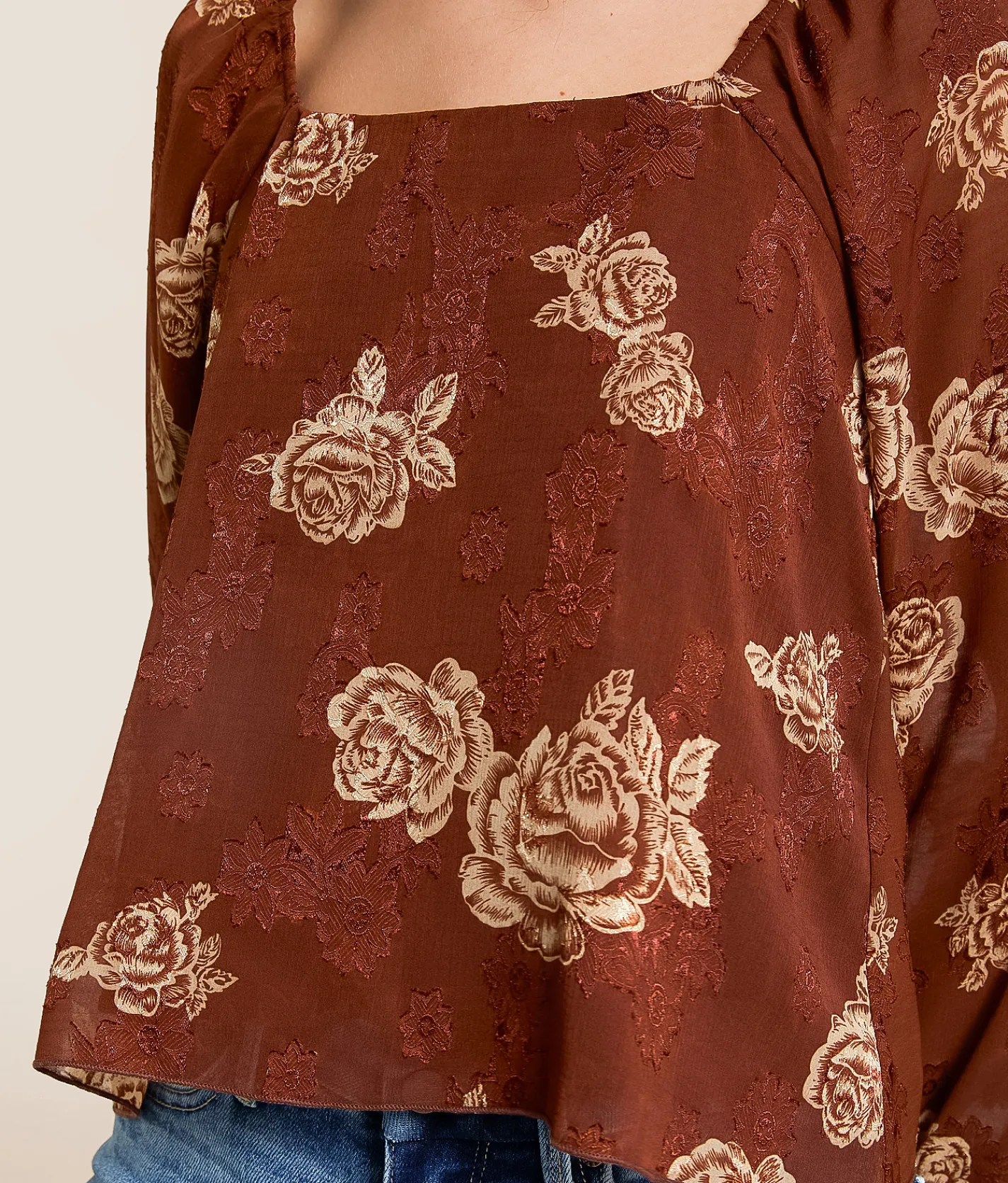 Tops | Willow & Root Floral Jacquard Chiffon Top Brown